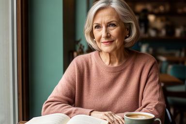 Женшина 50 лет в уютном кафе с книгой и чашкой кофе